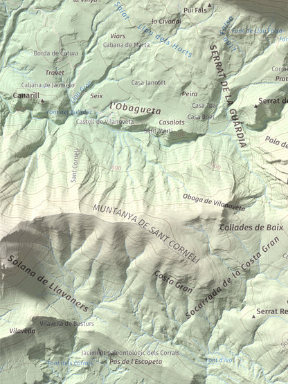 Mapa de relieve de Rocalta, 1489 m, Pallars Jussà, lámina 100 Cims de Trobart. Detalle de la zona inferior izquierda. 30 × 40 cm.