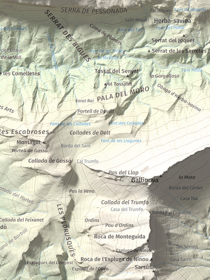 Mapa de relieve de Rocalta, 1489 m, Pallars Jussà, lámina 100 Cims de Trobart. Detalle de la zona inferior derecha. 30 × 40 cm.