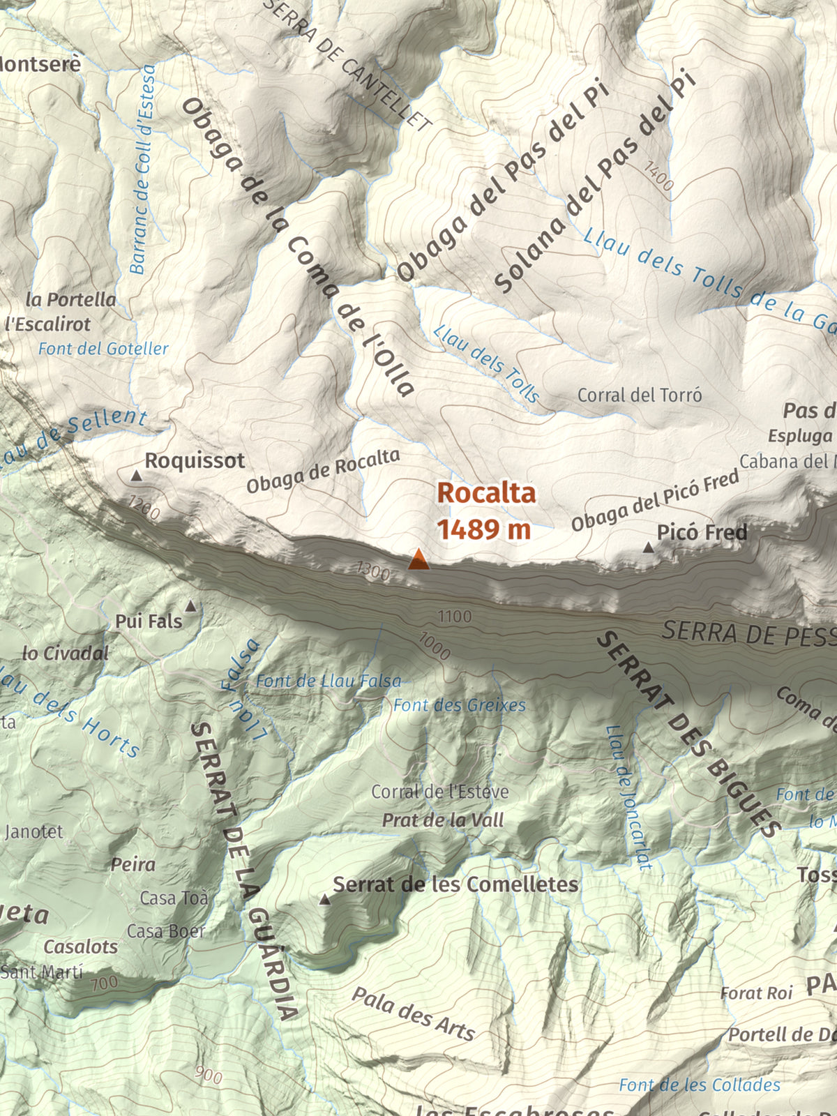 Mapa de relieve de Rocalta, 1489 m, Pallars Jussà, lámina 100 Cims de Trobart. Detalle de la zona central. 30 × 40 cm.