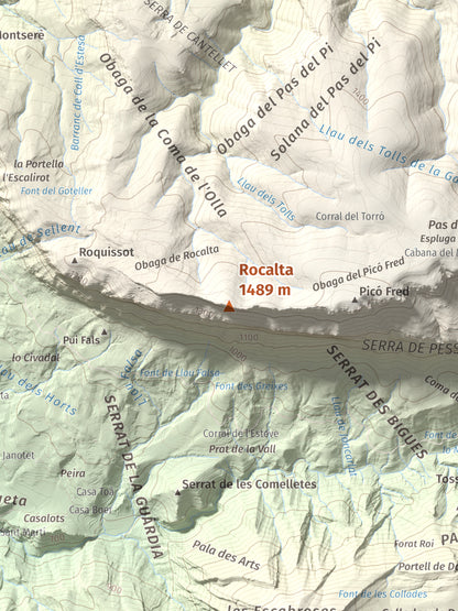 Mapa de relieve de Rocalta, 1489 m, Pallars Jussà, lámina 100 Cims de Trobart. Detalle de la zona central. 30 × 40 cm.