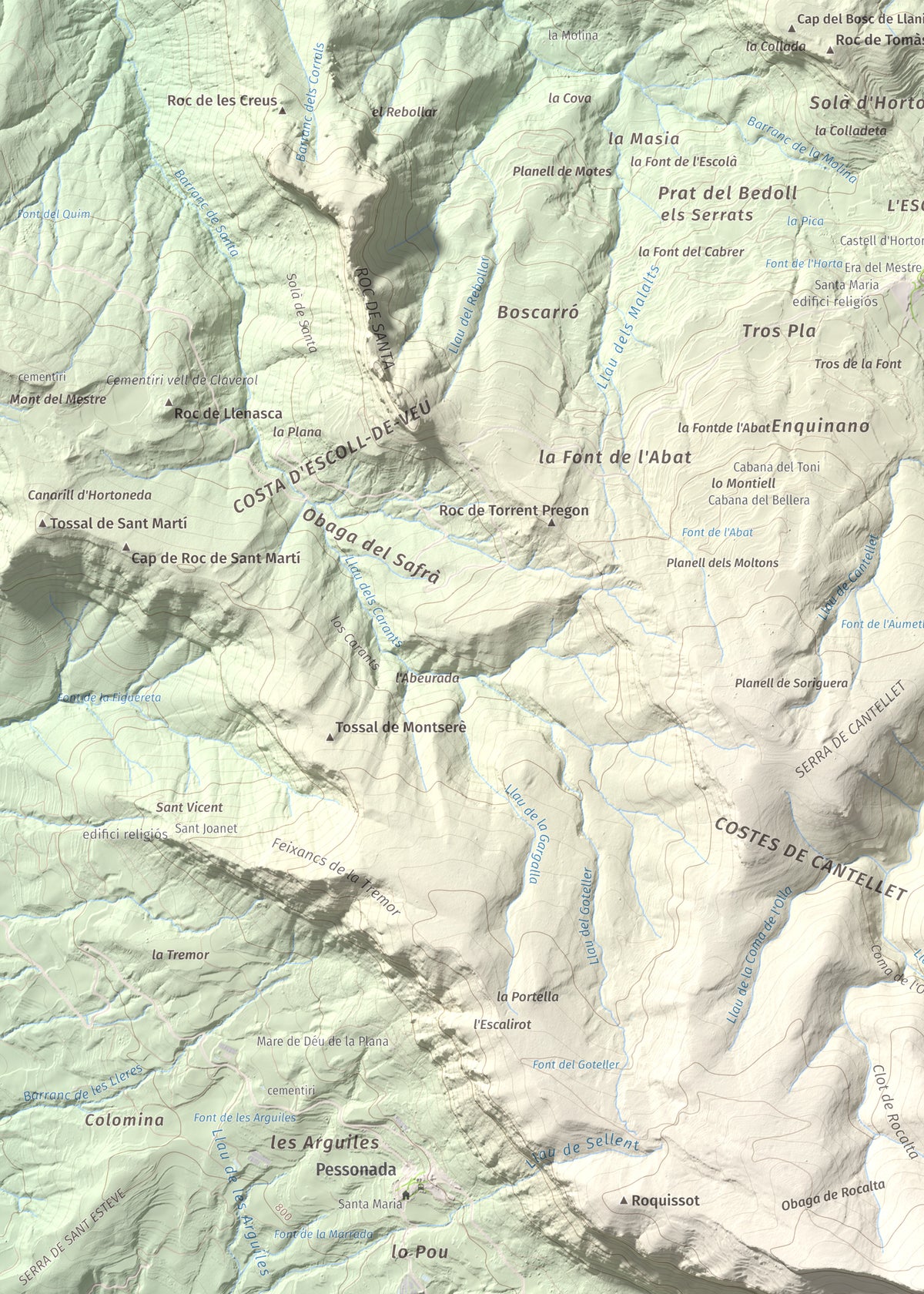 Mapa de relieve de Rocalta, 1489 m, Pallars Jussà, lámina 100 Cims de Trobart. Detalle de la zona superior izquierda. 50 × 70 cm.