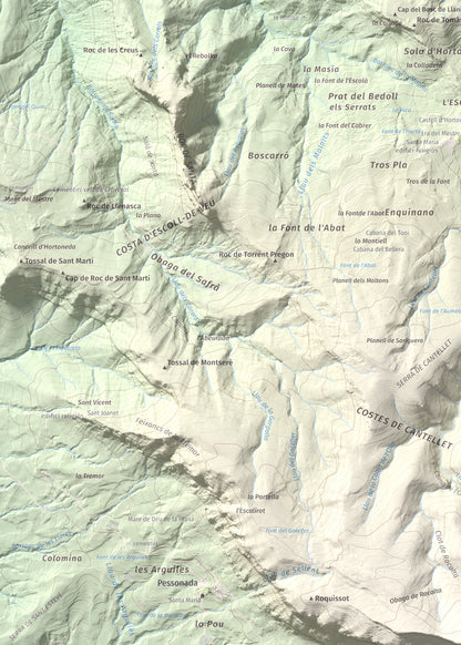 Mapa de relieve de Rocalta, 1489 m, Pallars Jussà, lámina 100 Cims de Trobart. Detalle de la zona superior izquierda. 50 × 70 cm.