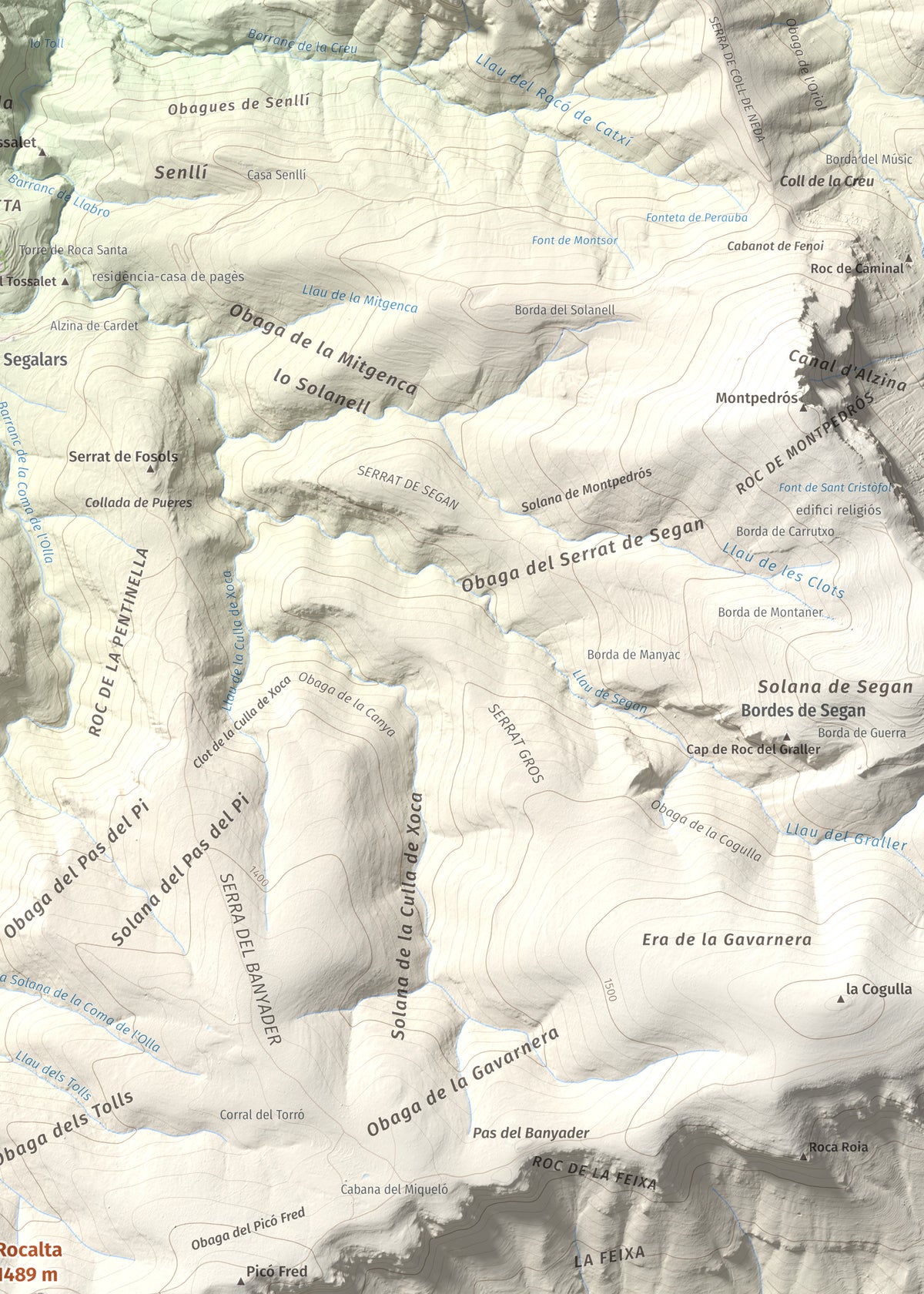 Mapa de relieve de Rocalta, 1489 m, Pallars Jussà, lámina 100 Cims de Trobart. Detalle de la zona superior derecha. 50 × 70 cm.