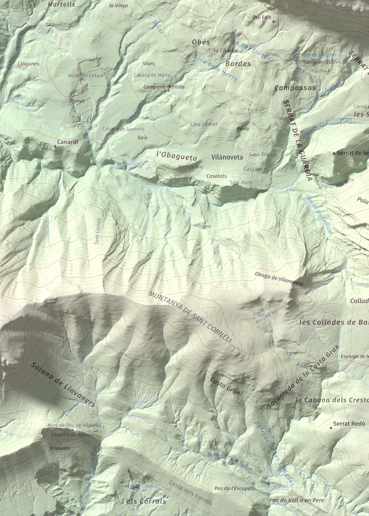Mapa de relieve de Rocalta, 1489 m, Pallars Jussà, lámina 100 Cims de Trobart. Detalle de la zona inferior izquierda. 50 × 70 cm.
