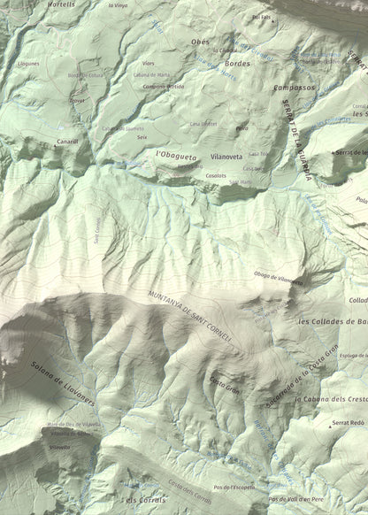 Mapa de relieve de Rocalta, 1489 m, Pallars Jussà, lámina 100 Cims de Trobart. Detalle de la zona inferior izquierda. 50 × 70 cm.