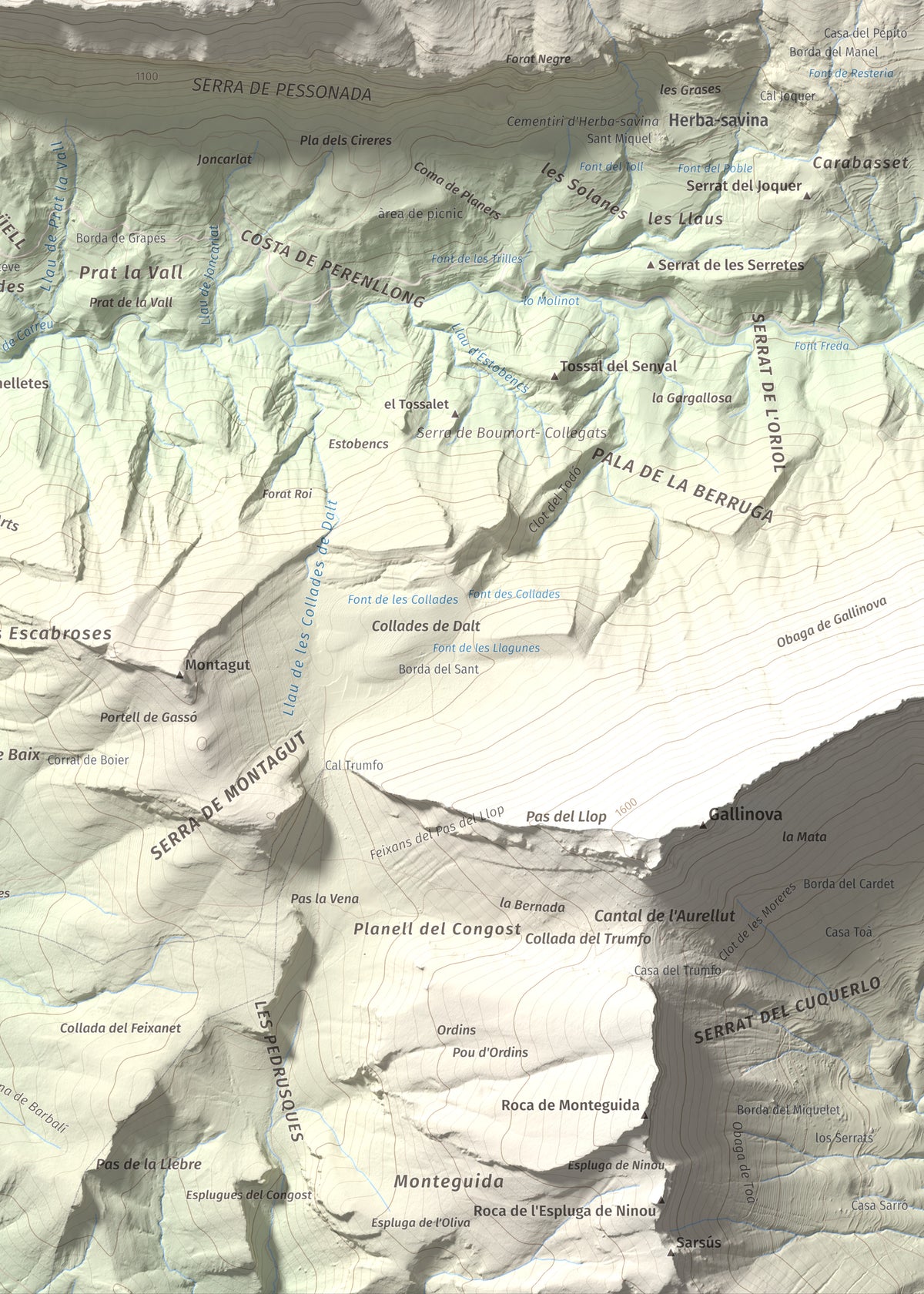 Mapa de relieve de Rocalta, 1489 m, Pallars Jussà, lámina 100 Cims de Trobart. Detalle de la zona inferior derecha. 50 × 70 cm.