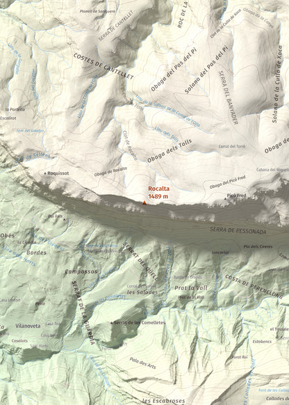 Mapa de relieve de Rocalta, 1489 m, Pallars Jussà, lámina 100 Cims de Trobart. Detalle de la zona central. 50 × 70 cm.