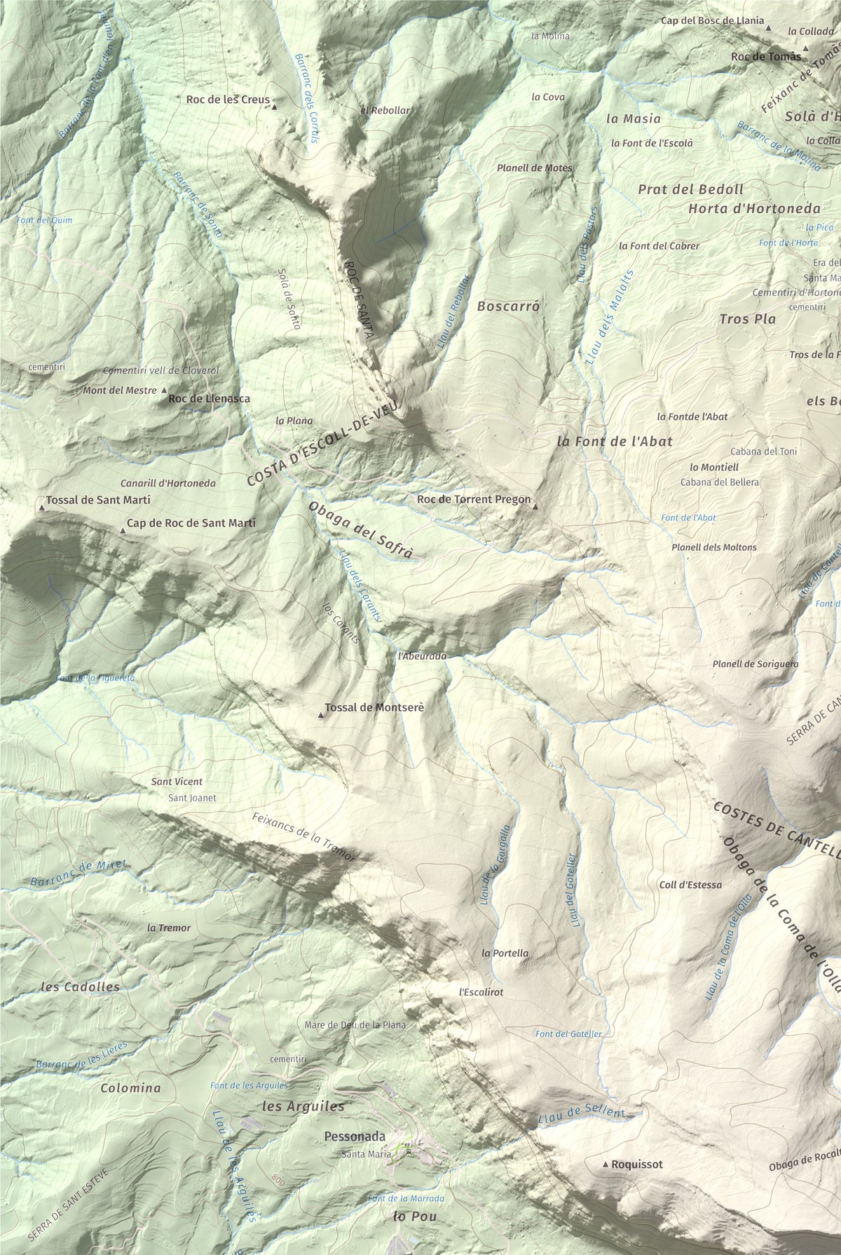 Mapa de relieve de Rocalta, 1489 m, Pallars Jussà, lámina 100 Cims de Trobart. Detalle de la zona superior izquierda. 61 × 91 cm.