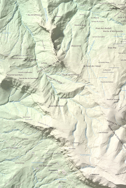 Mapa de relieve de Rocalta, 1489 m, Pallars Jussà, lámina 100 Cims de Trobart. Detalle de la zona superior izquierda. 61 × 91 cm.
