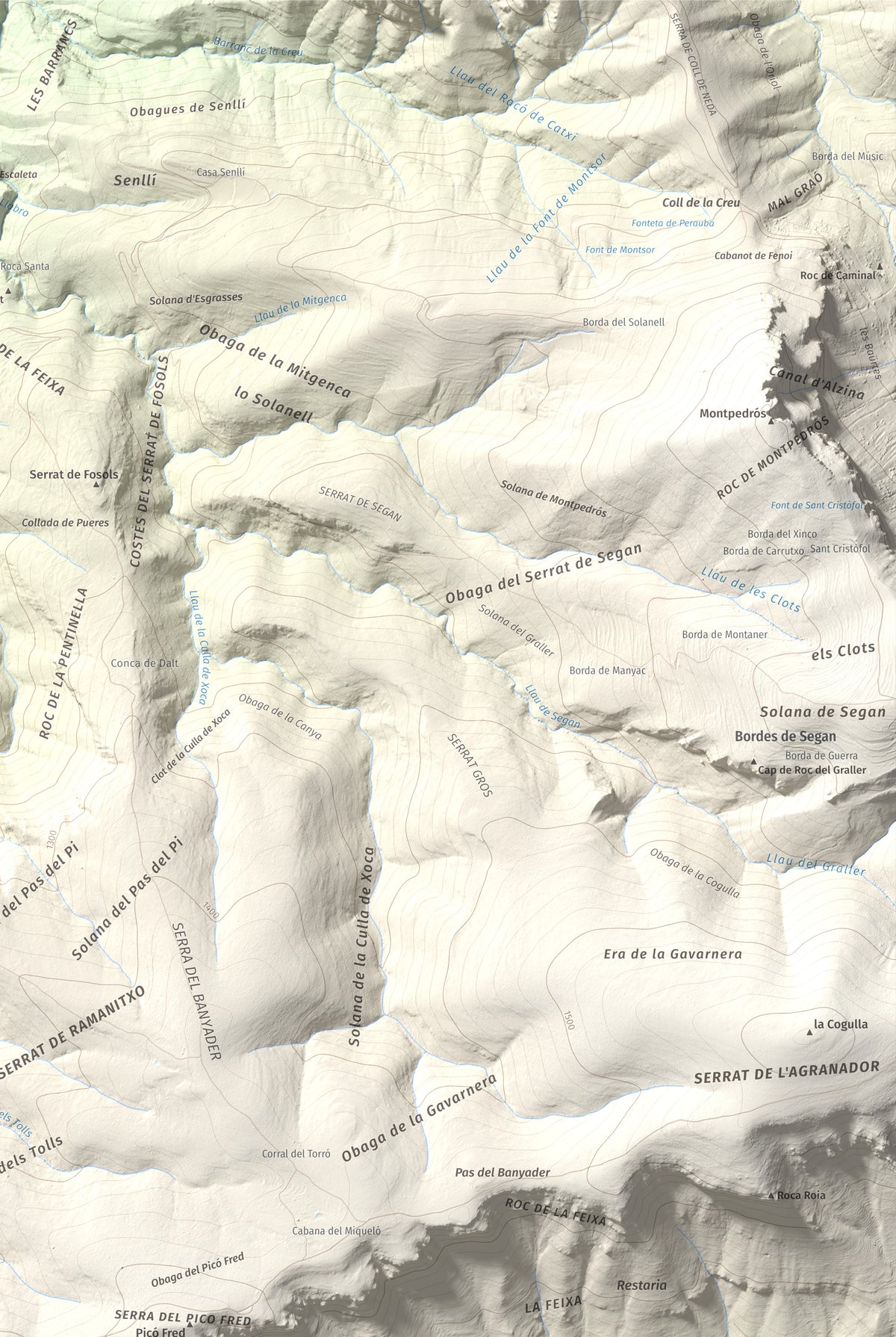 Mapa de relieve de Rocalta, 1489 m, Pallars Jussà, lámina 100 Cims de Trobart. Detalle de la zona superior derecha. 61 × 91 cm.
