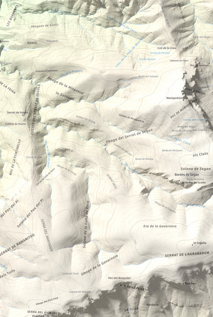 Mapa de relieve de Rocalta, 1489 m, Pallars Jussà, lámina 100 Cims de Trobart. Detalle de la zona superior derecha. 61 × 91 cm.