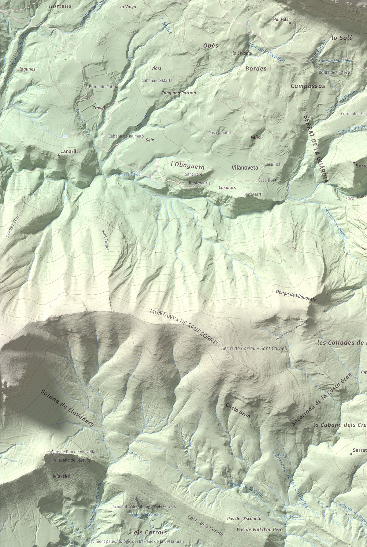 Mapa de relieve de Rocalta, 1489 m, Pallars Jussà, lámina 100 Cims de Trobart. Detalle de la zona inferior izquierda. 61 × 91 cm.