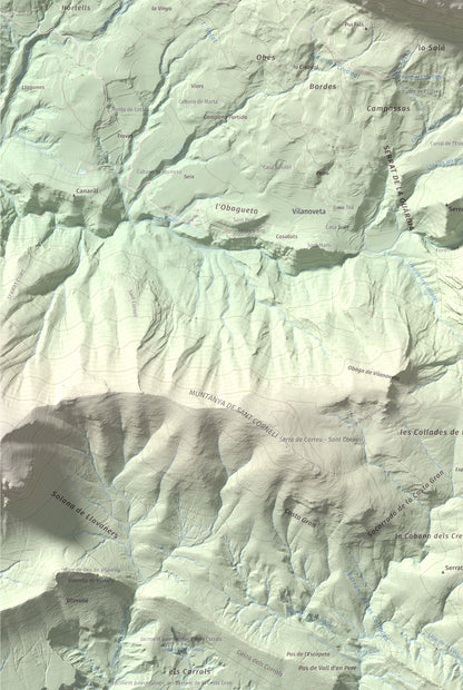 Mapa de relieve de Rocalta, 1489 m, Pallars Jussà, lámina 100 Cims de Trobart. Detalle de la zona inferior izquierda. 61 × 91 cm.