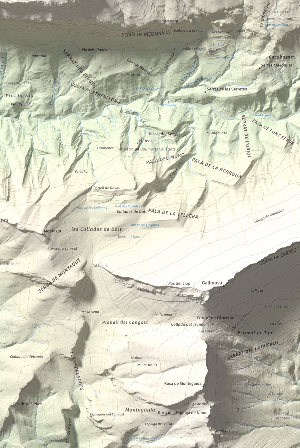 Mapa de relieve de Rocalta, 1489 m, Pallars Jussà, lámina 100 Cims de Trobart. Detalle de la zona inferior derecha. 61 × 91 cm.