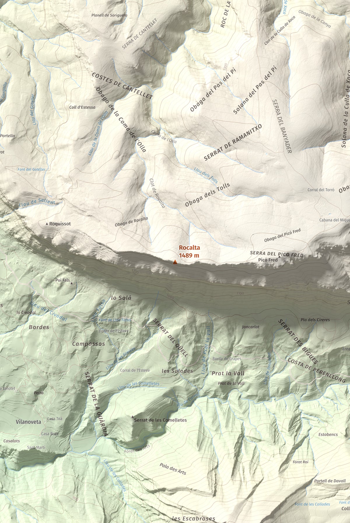 Mapa de relieve de Rocalta, 1489 m, Pallars Jussà, lámina 100 Cims de Trobart. Detalle de la zona central. 61 × 91 cm.