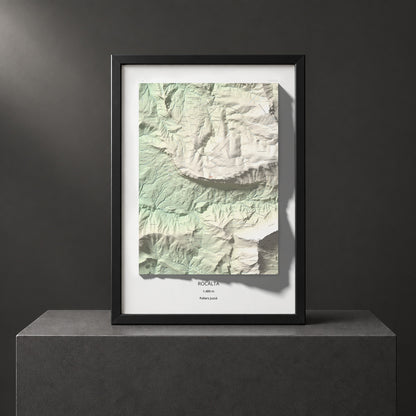 Mapa de relieve de Rocalta, 1489 m, Pallars Jussà, lámina 100 Cims de Trobart. Presentación enmarcada. 70 × 100 cm.