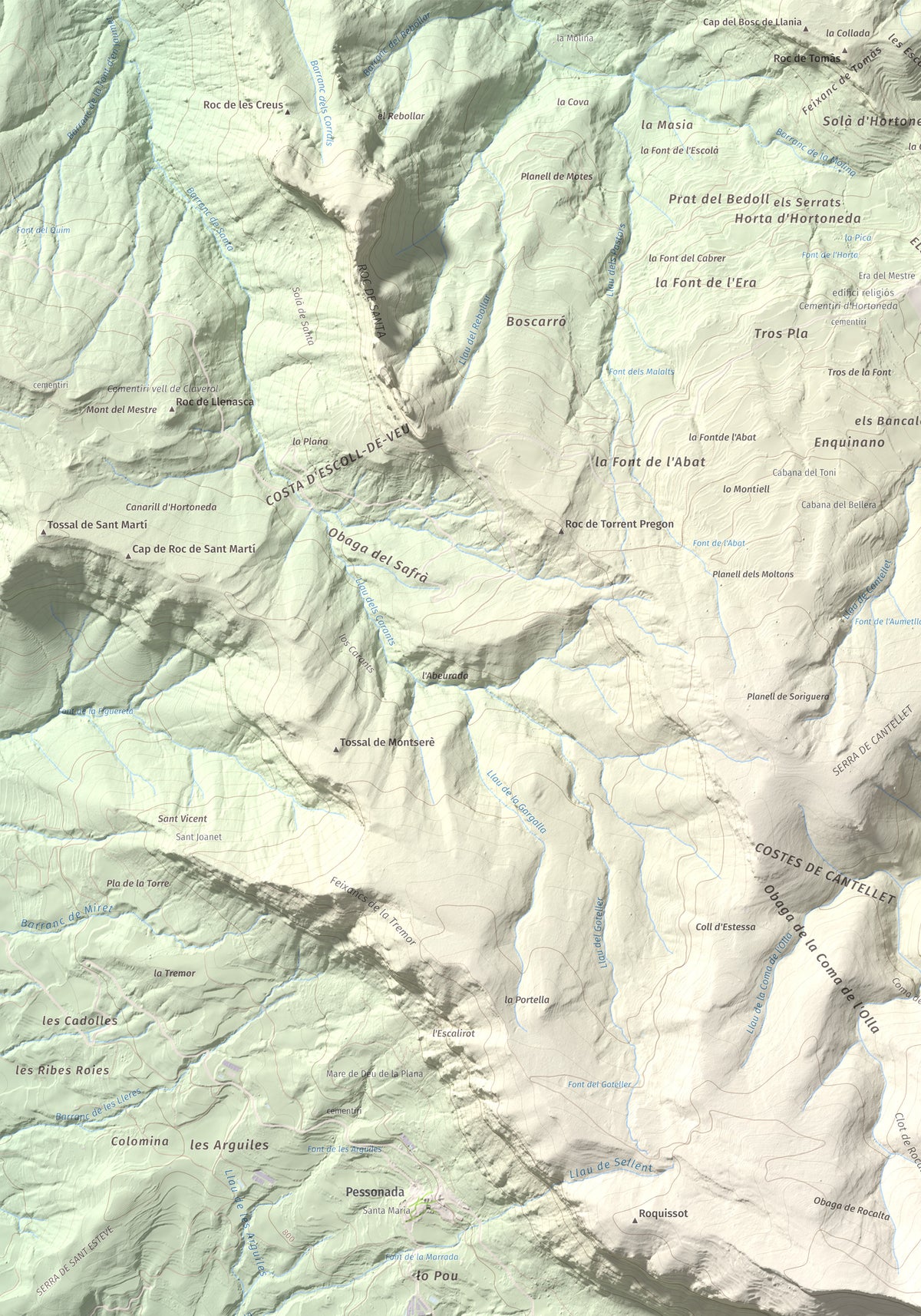 Mapa de relieve de Rocalta, 1489 m, Pallars Jussà, lámina 100 Cims de Trobart. Detalle de la zona superior izquierda. 70 × 100 cm.