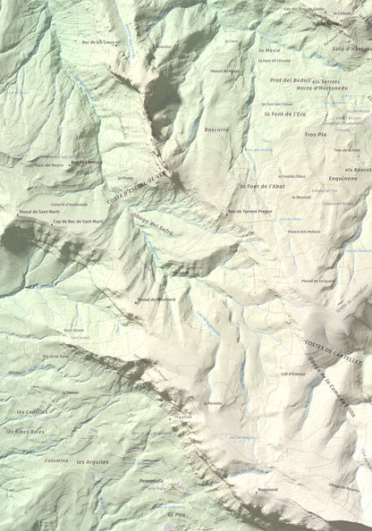 Mapa de relieve de Rocalta, 1489 m, Pallars Jussà, lámina 100 Cims de Trobart. Detalle de la zona superior izquierda. 70 × 100 cm.