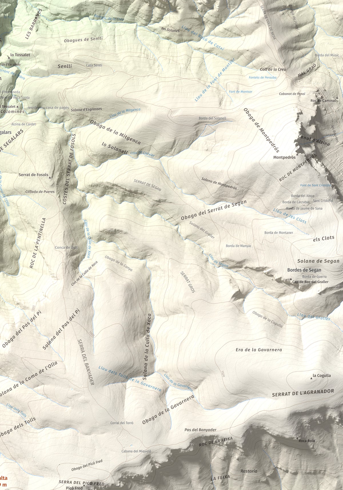 Mapa de relieve de Rocalta, 1489 m, Pallars Jussà, lámina 100 Cims de Trobart. Detalle de la zona superior derecha. 70 × 100 cm.