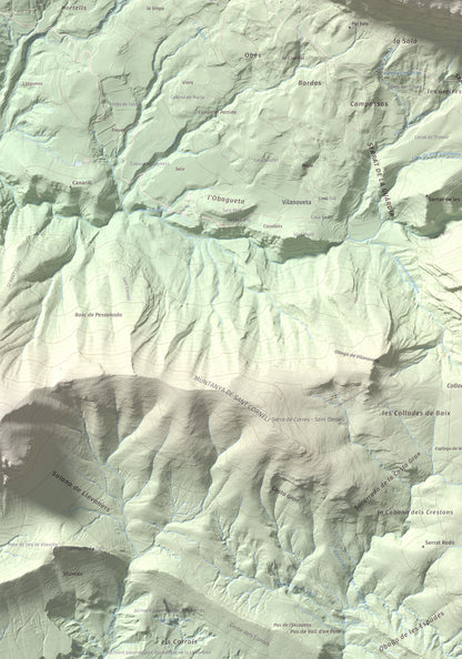 Mapa de relieve de Rocalta, 1489 m, Pallars Jussà, lámina 100 Cims de Trobart. Detalle de la zona inferior izquierda. 70 × 100 cm.