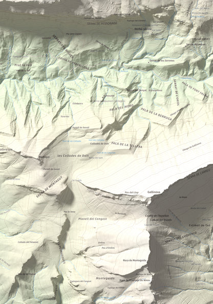 Mapa de relieve de Rocalta, 1489 m, Pallars Jussà, lámina 100 Cims de Trobart. Detalle de la zona inferior derecha. 70 × 100 cm.