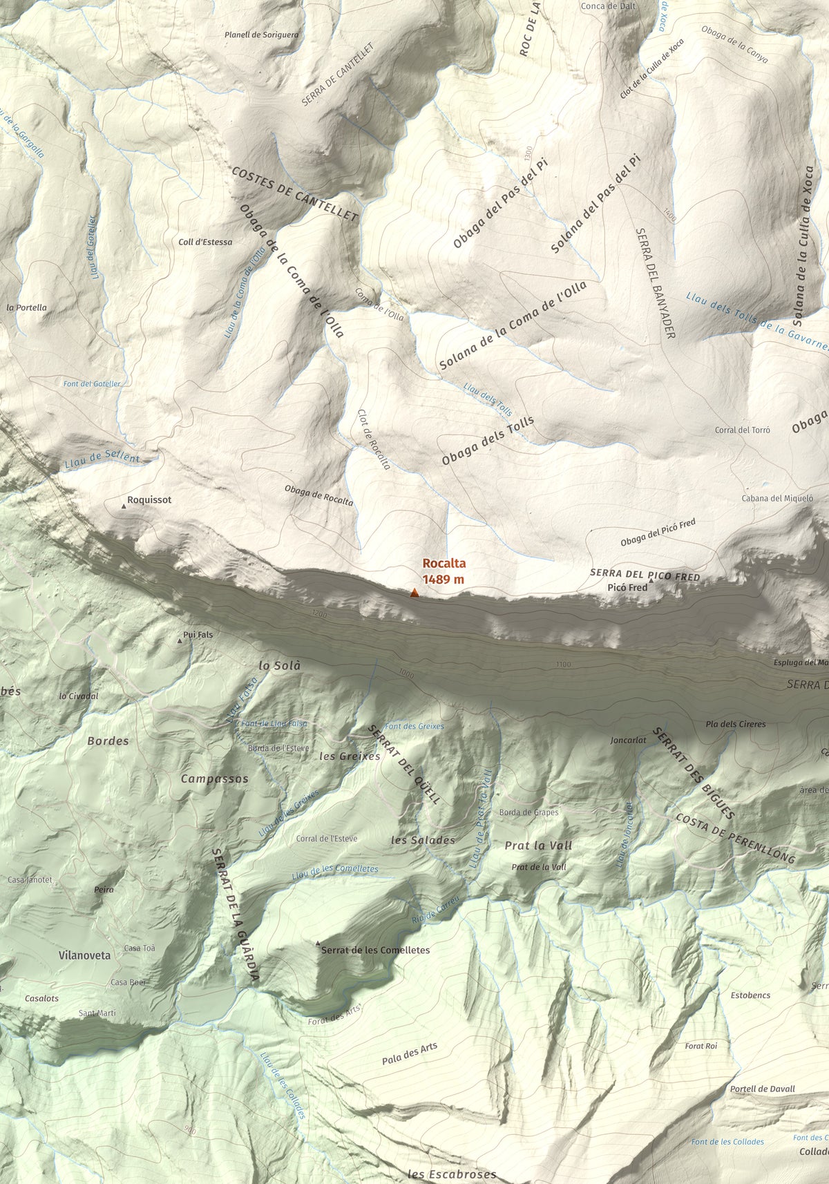 Mapa de relieve de Rocalta, 1489 m, Pallars Jussà, lámina 100 Cims de Trobart. Detalle de la zona central. 70 × 100 cm.