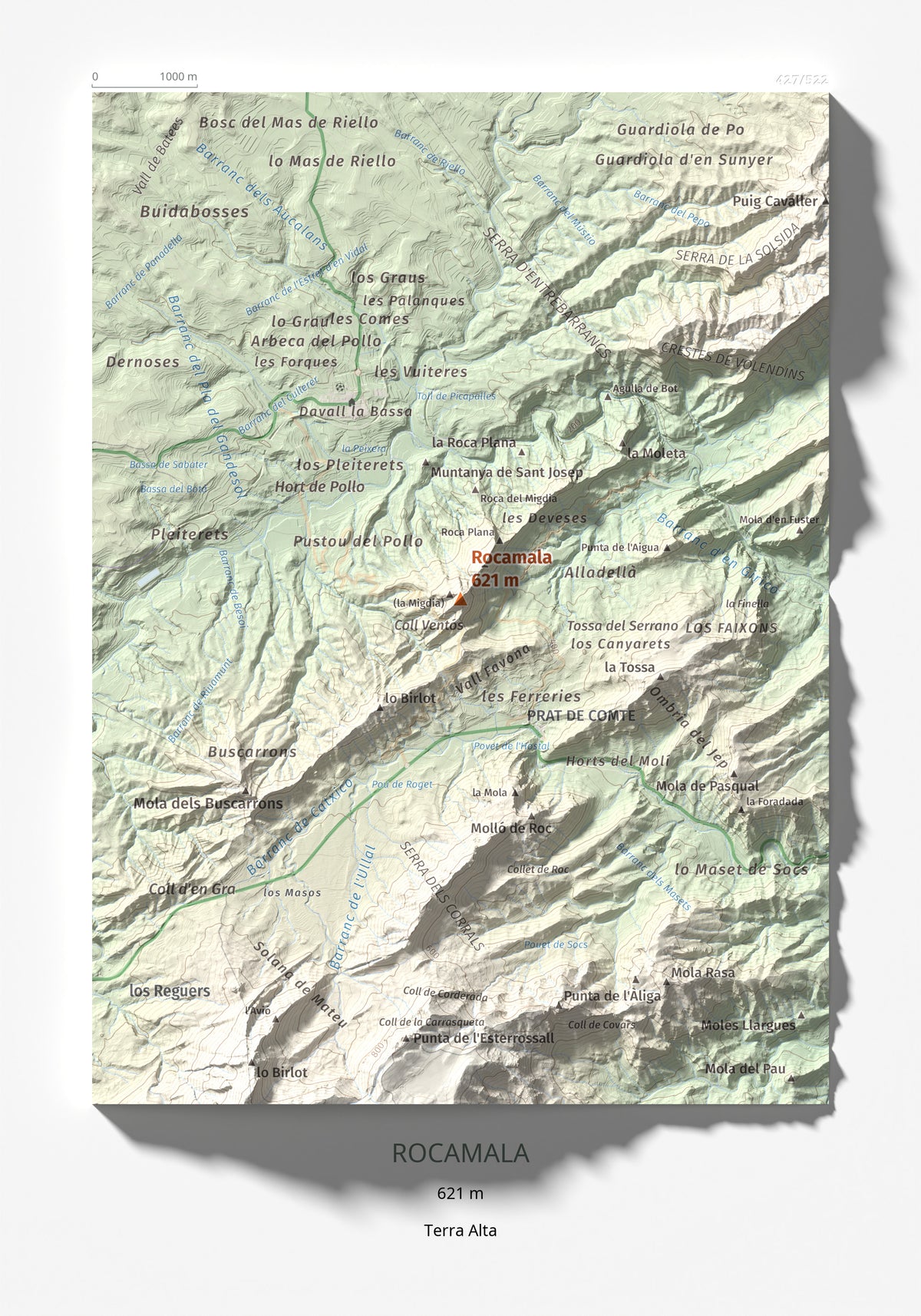 Mapa de relieve de Rocamala, 621 m, Terra Alta, lámina 100 Cims de Trobart 21 × 30 cm.
