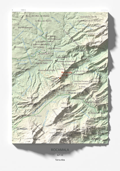 Mapa de relieve de Rocamala, 621 m, Terra Alta, lámina 100 Cims de Trobart 21 × 30 cm.