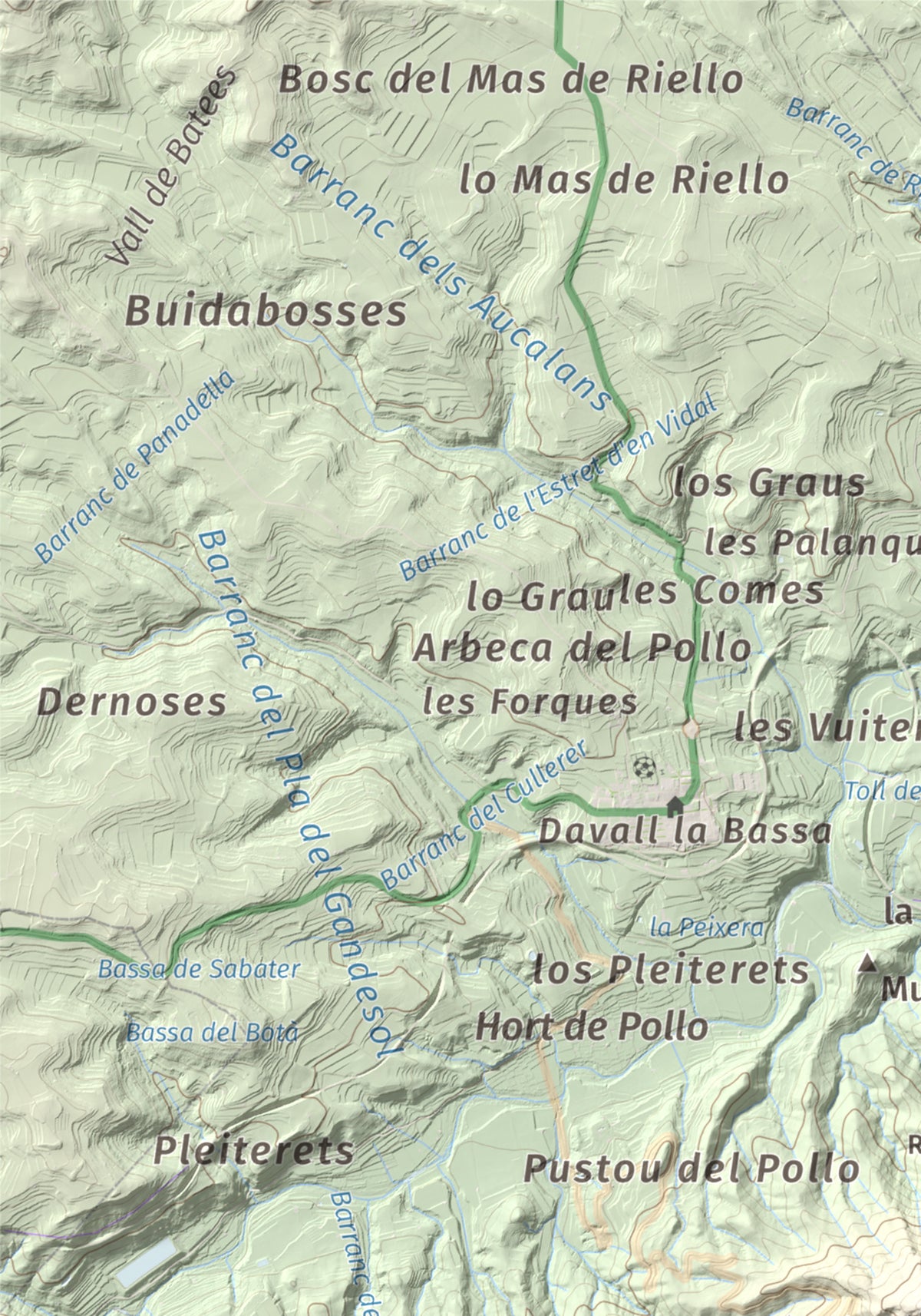 Mapa de relieve de Rocamala, 621 m, Terra Alta, lámina 100 Cims de Trobart. Detalle de la zona superior izquierda. 21 × 30 cm.