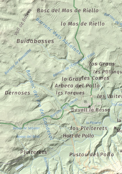 Mapa de relieve de Rocamala, 621 m, Terra Alta, lámina 100 Cims de Trobart. Detalle de la zona superior izquierda. 21 × 30 cm.