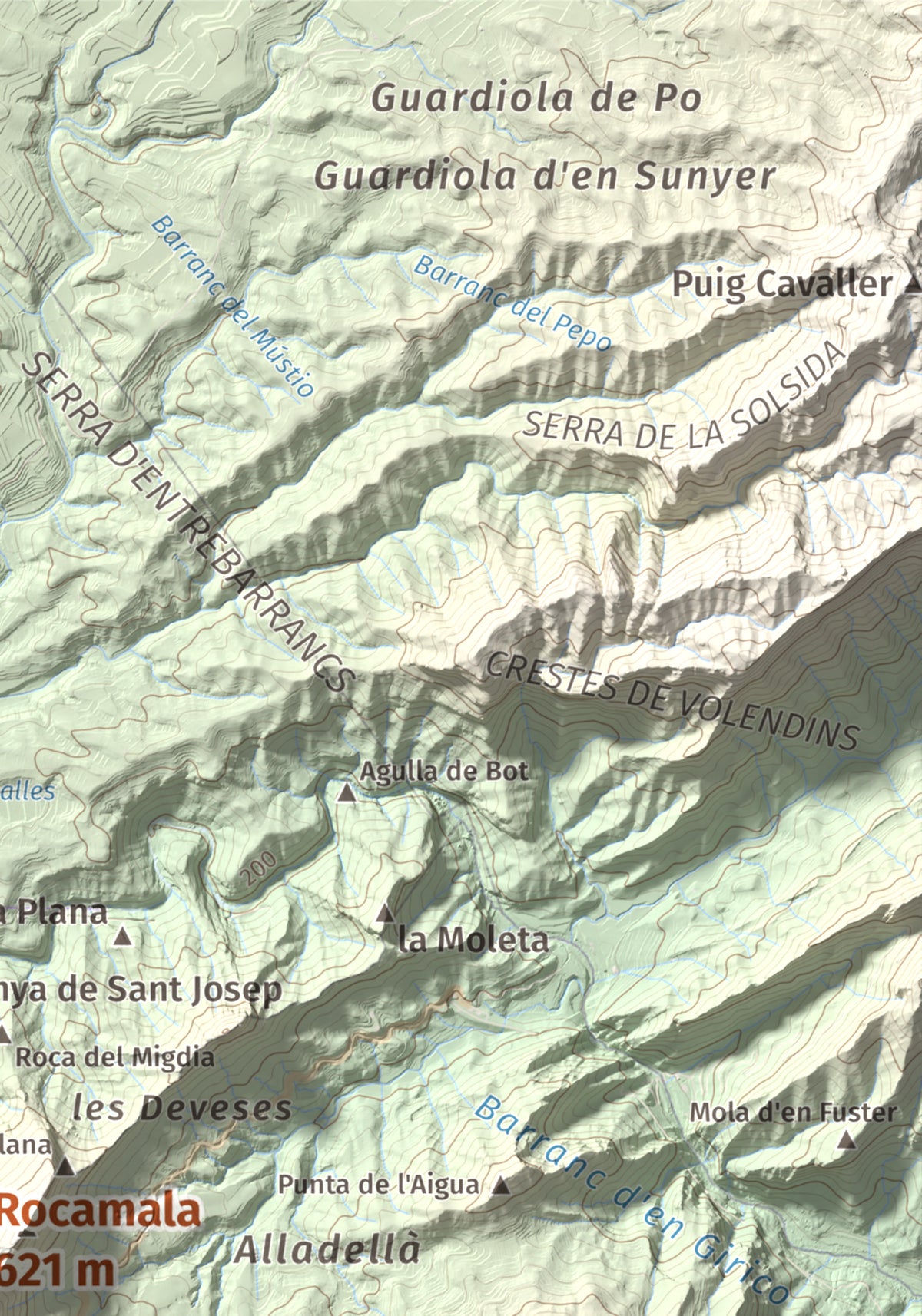 Mapa de relieve de Rocamala, 621 m, Terra Alta, lámina 100 Cims de Trobart. Detalle de la zona superior derecha. 21 × 30 cm.