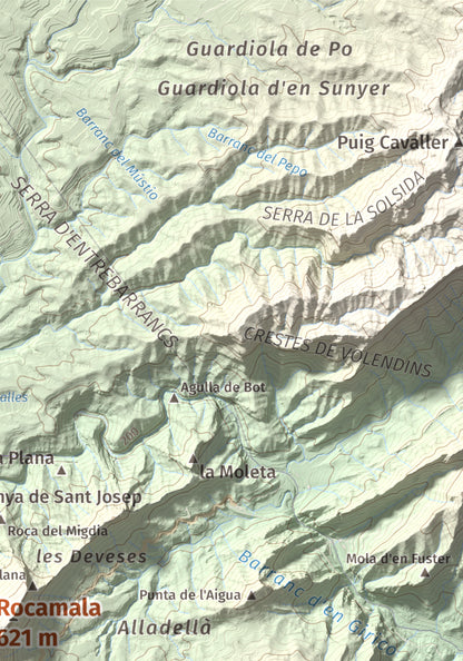 Mapa de relieve de Rocamala, 621 m, Terra Alta, lámina 100 Cims de Trobart. Detalle de la zona superior derecha. 21 × 30 cm.