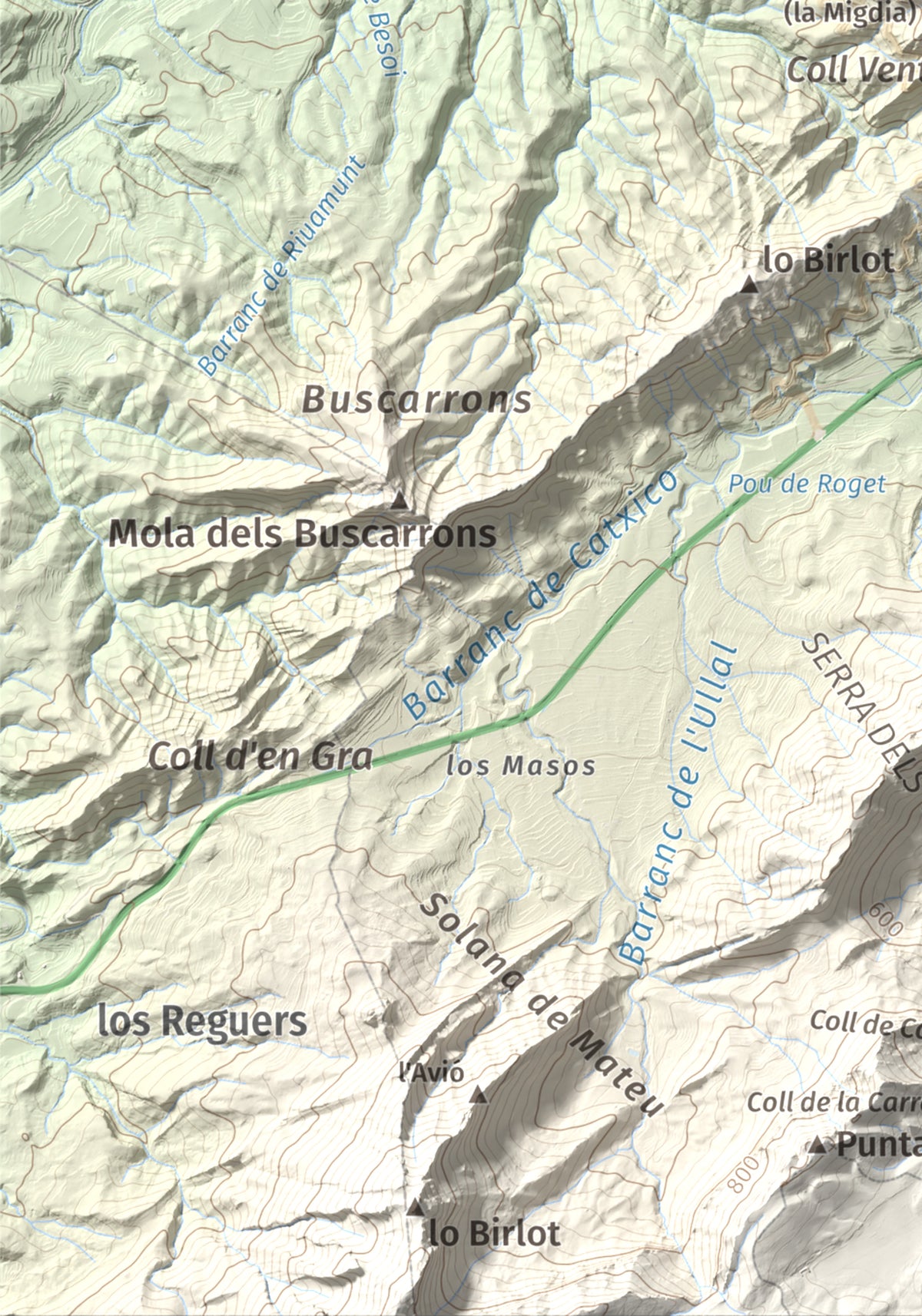 Mapa de relieve de Rocamala, 621 m, Terra Alta, lámina 100 Cims de Trobart. Detalle de la zona inferior izquierda. 21 × 30 cm.