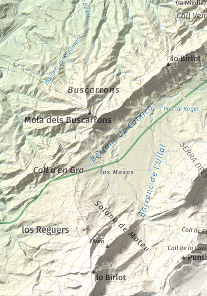 Mapa de relieve de Rocamala, 621 m, Terra Alta, lámina 100 Cims de Trobart. Detalle de la zona inferior izquierda. 21 × 30 cm.