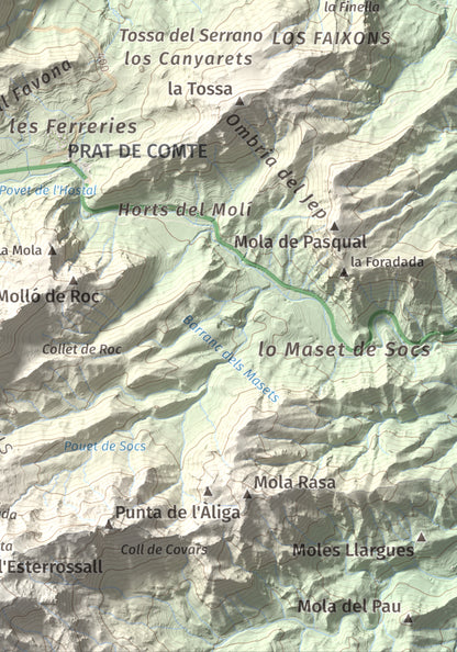 Mapa de relieve de Rocamala, 621 m, Terra Alta, lámina 100 Cims de Trobart. Detalle de la zona inferior derecha. 21 × 30 cm.