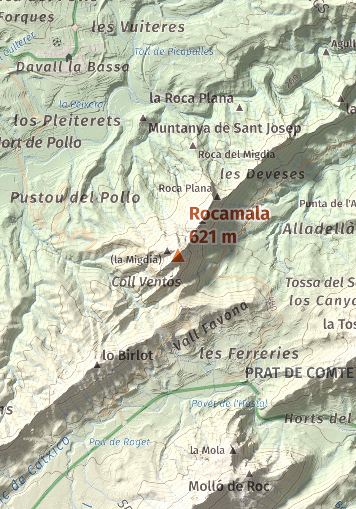 Mapa de relieve de Rocamala, 621 m, Terra Alta, lámina 100 Cims de Trobart. Detalle de la zona central. 21 × 30 cm.