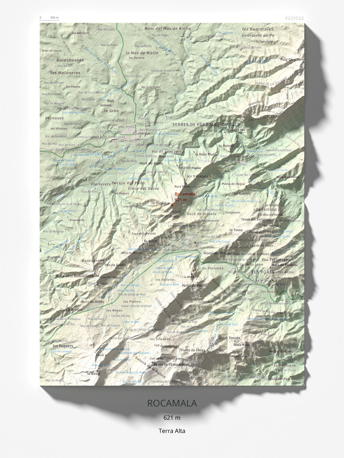 Mapa de relieve de Rocamala, 621 m, Terra Alta, lámina 100 Cims de Trobart 30 × 40 cm.