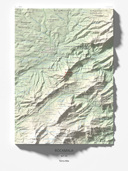 Mapa de relieve de Rocamala, 621 m, Terra Alta, lámina 100 Cims de Trobart 30 × 40 cm.