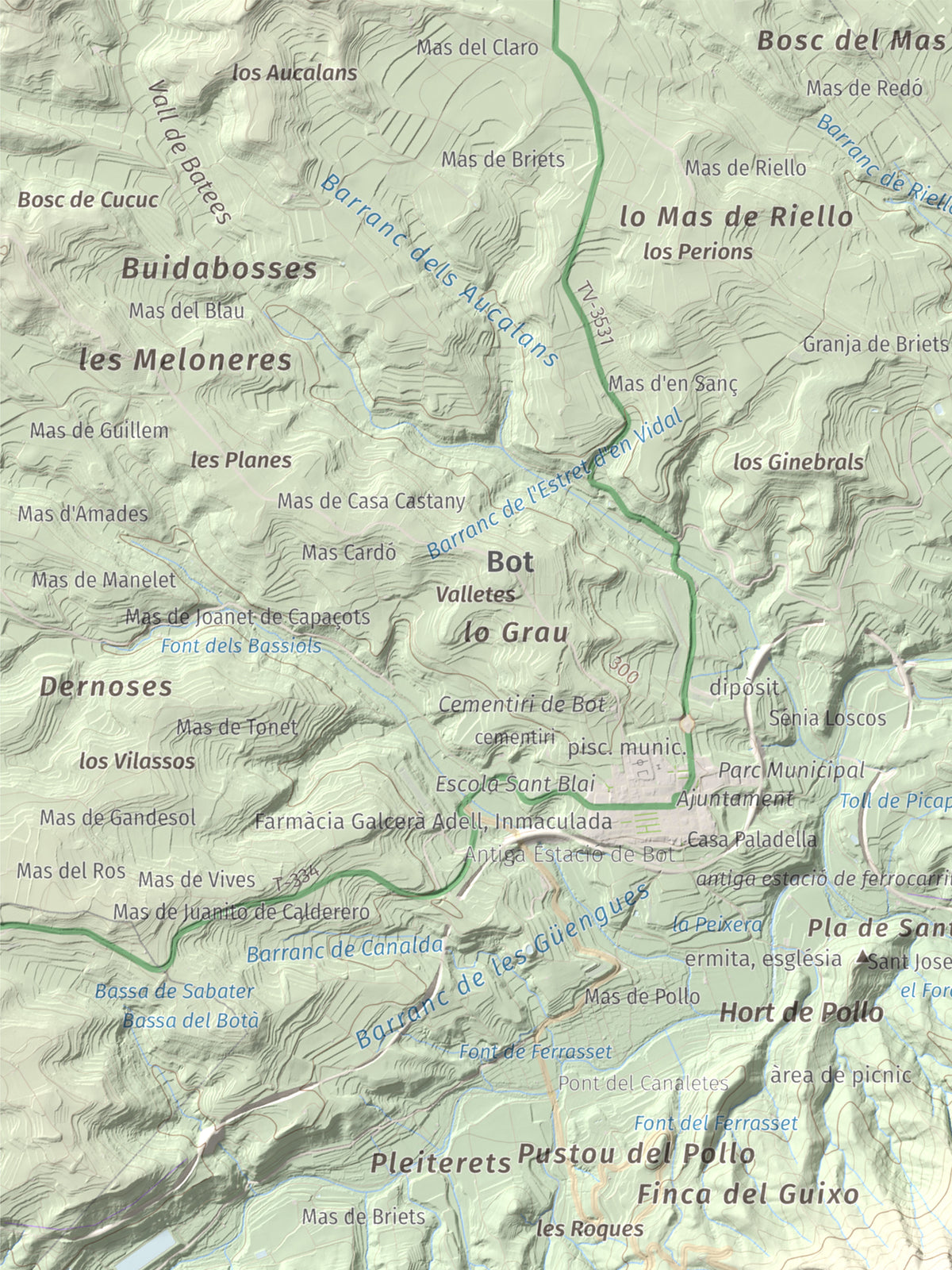 Mapa de relieve de Rocamala, 621 m, Terra Alta, lámina 100 Cims de Trobart. Detalle de la zona superior izquierda. 30 × 40 cm.