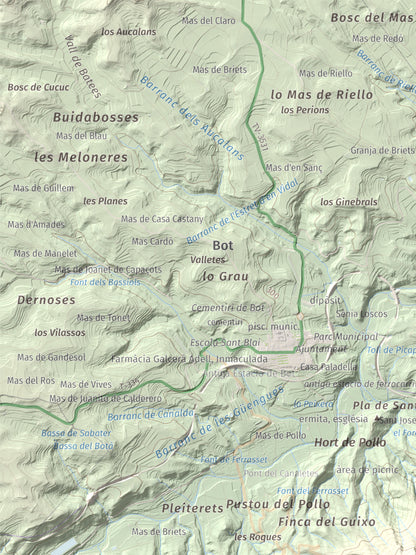 Mapa de relieve de Rocamala, 621 m, Terra Alta, lámina 100 Cims de Trobart. Detalle de la zona superior izquierda. 30 × 40 cm.