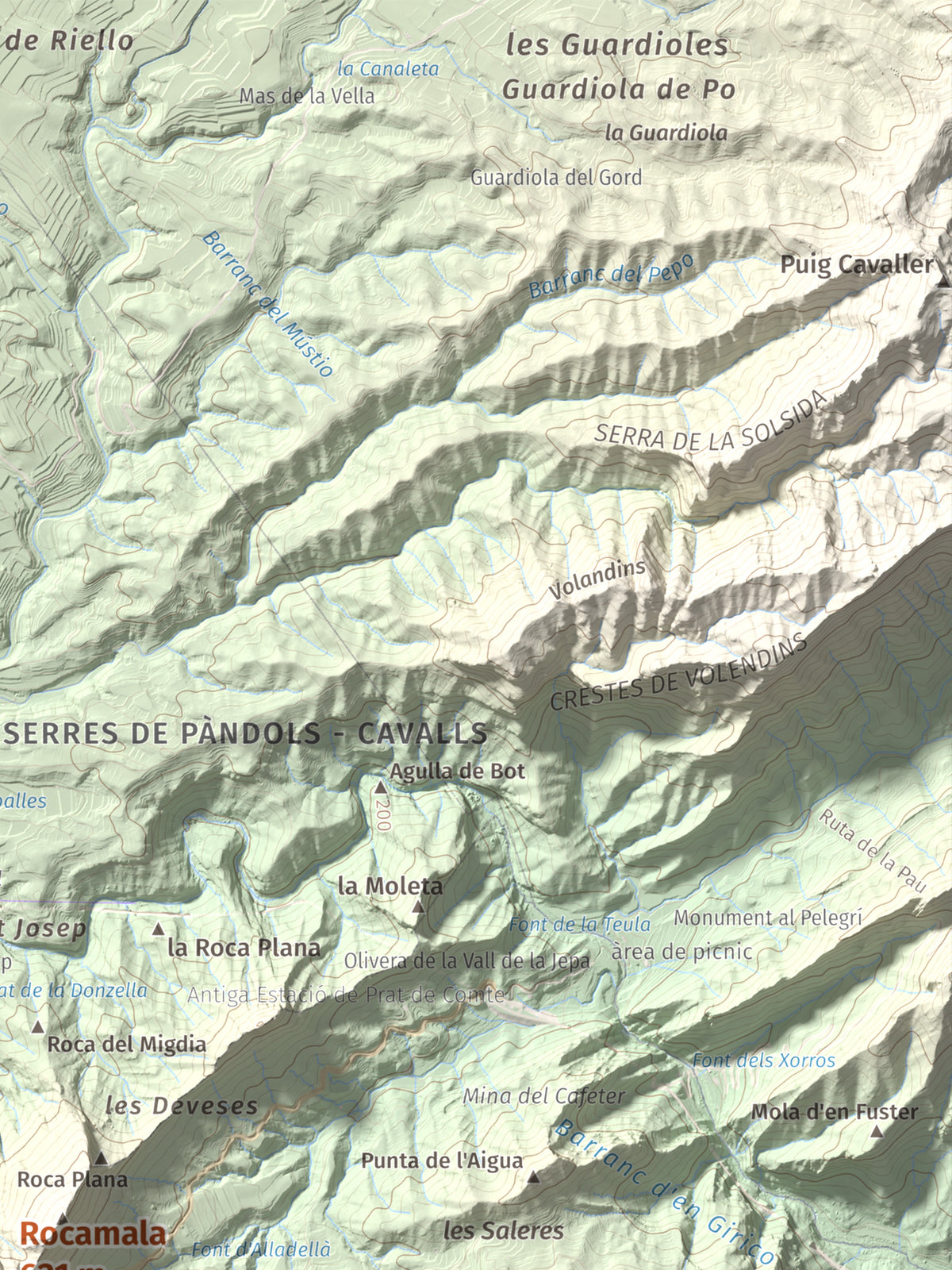 Mapa de relieve de Rocamala, 621 m, Terra Alta, lámina 100 Cims de Trobart. Detalle de la zona superior derecha. 30 × 40 cm.