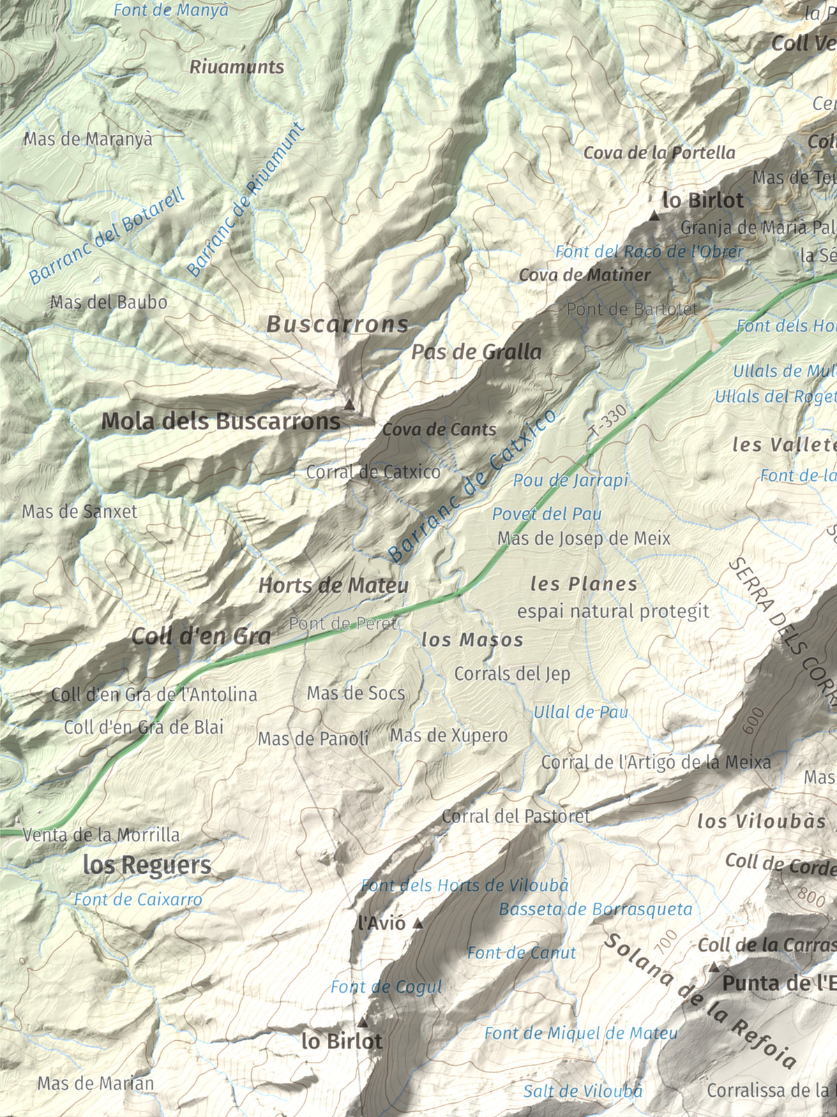 Mapa de relieve de Rocamala, 621 m, Terra Alta, lámina 100 Cims de Trobart. Detalle de la zona inferior izquierda. 30 × 40 cm.