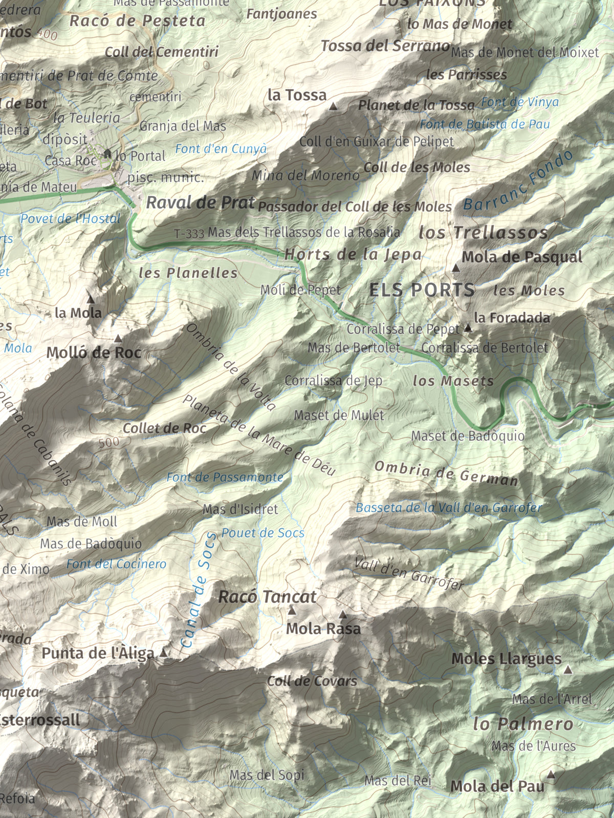 Mapa de relieve de Rocamala, 621 m, Terra Alta, lámina 100 Cims de Trobart. Detalle de la zona inferior derecha. 30 × 40 cm.