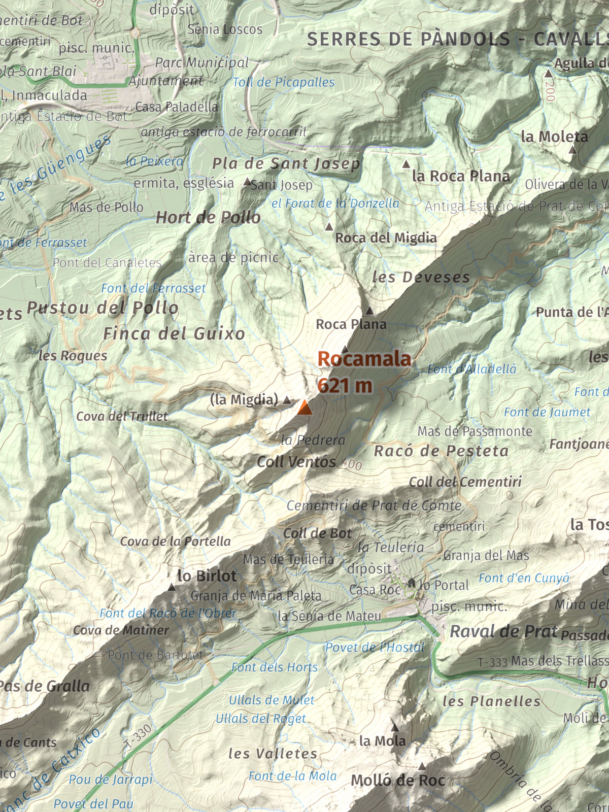 Mapa de relieve de Rocamala, 621 m, Terra Alta, lámina 100 Cims de Trobart. Detalle de la zona central. 30 × 40 cm.