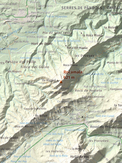 Mapa de relieve de Rocamala, 621 m, Terra Alta, lámina 100 Cims de Trobart. Detalle de la zona central. 30 × 40 cm.