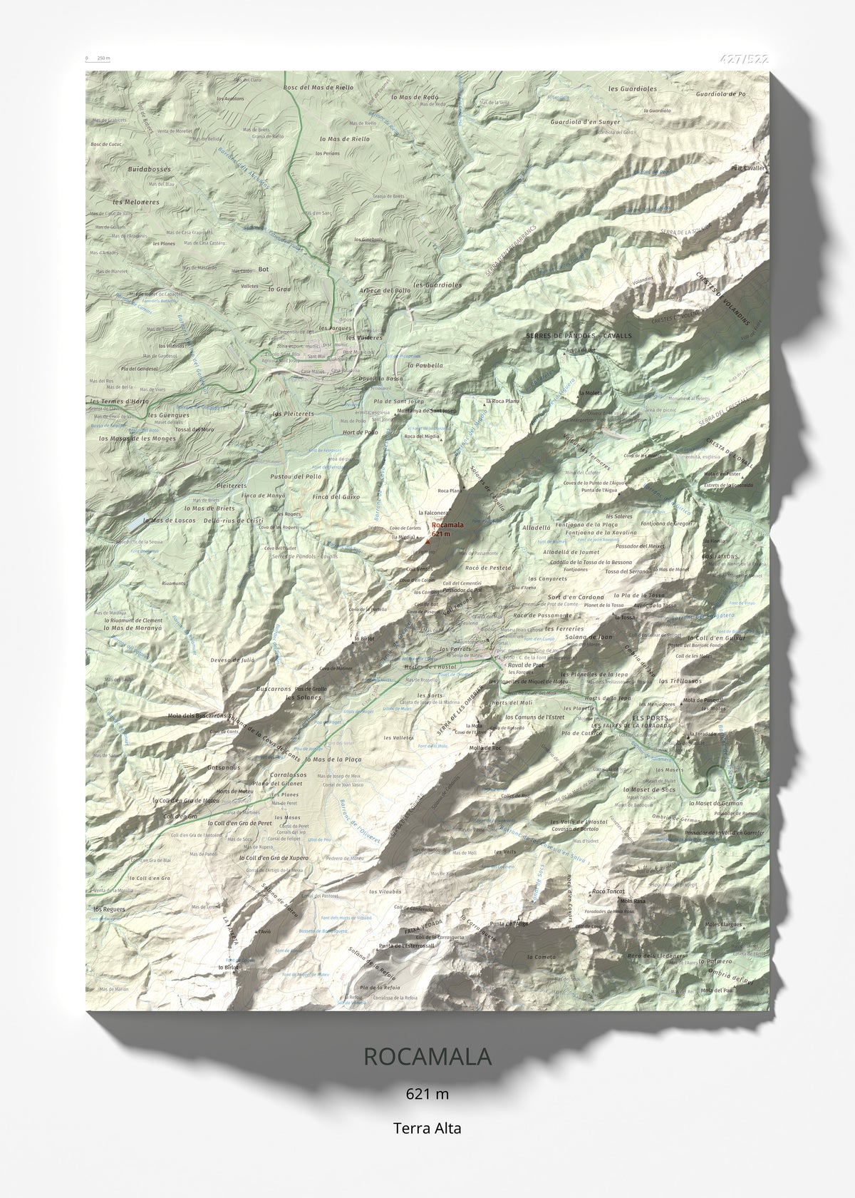 Mapa de relieve de Rocamala, 621 m, Terra Alta, lámina 100 Cims de Trobart 50 × 70 cm.