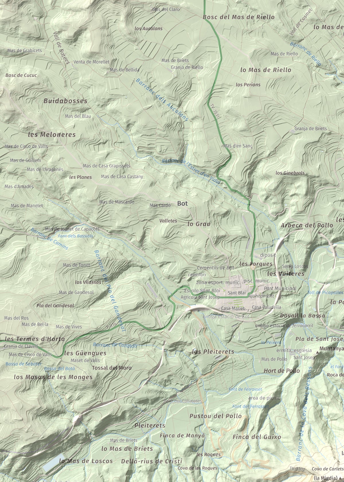 Mapa de relieve de Rocamala, 621 m, Terra Alta, lámina 100 Cims de Trobart. Detalle de la zona superior izquierda. 50 × 70 cm.