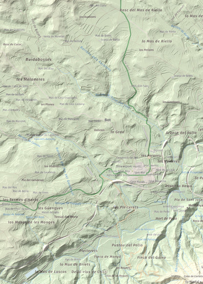 Mapa de relieve de Rocamala, 621 m, Terra Alta, lámina 100 Cims de Trobart. Detalle de la zona superior izquierda. 50 × 70 cm.