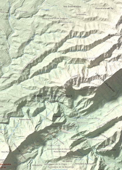 Mapa de relieve de Rocamala, 621 m, Terra Alta, lámina 100 Cims de Trobart. Detalle de la zona superior derecha. 50 × 70 cm.