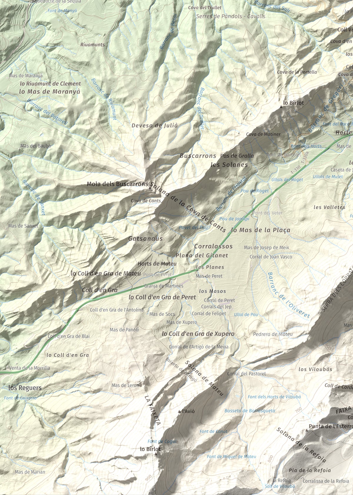 Mapa de relieve de Rocamala, 621 m, Terra Alta, lámina 100 Cims de Trobart. Detalle de la zona inferior izquierda. 50 × 70 cm.